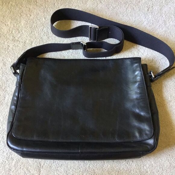 Vintage COACH Black Leather Big Flap Crossbody Messenger Bag Briefcase - Picture 1 of 12